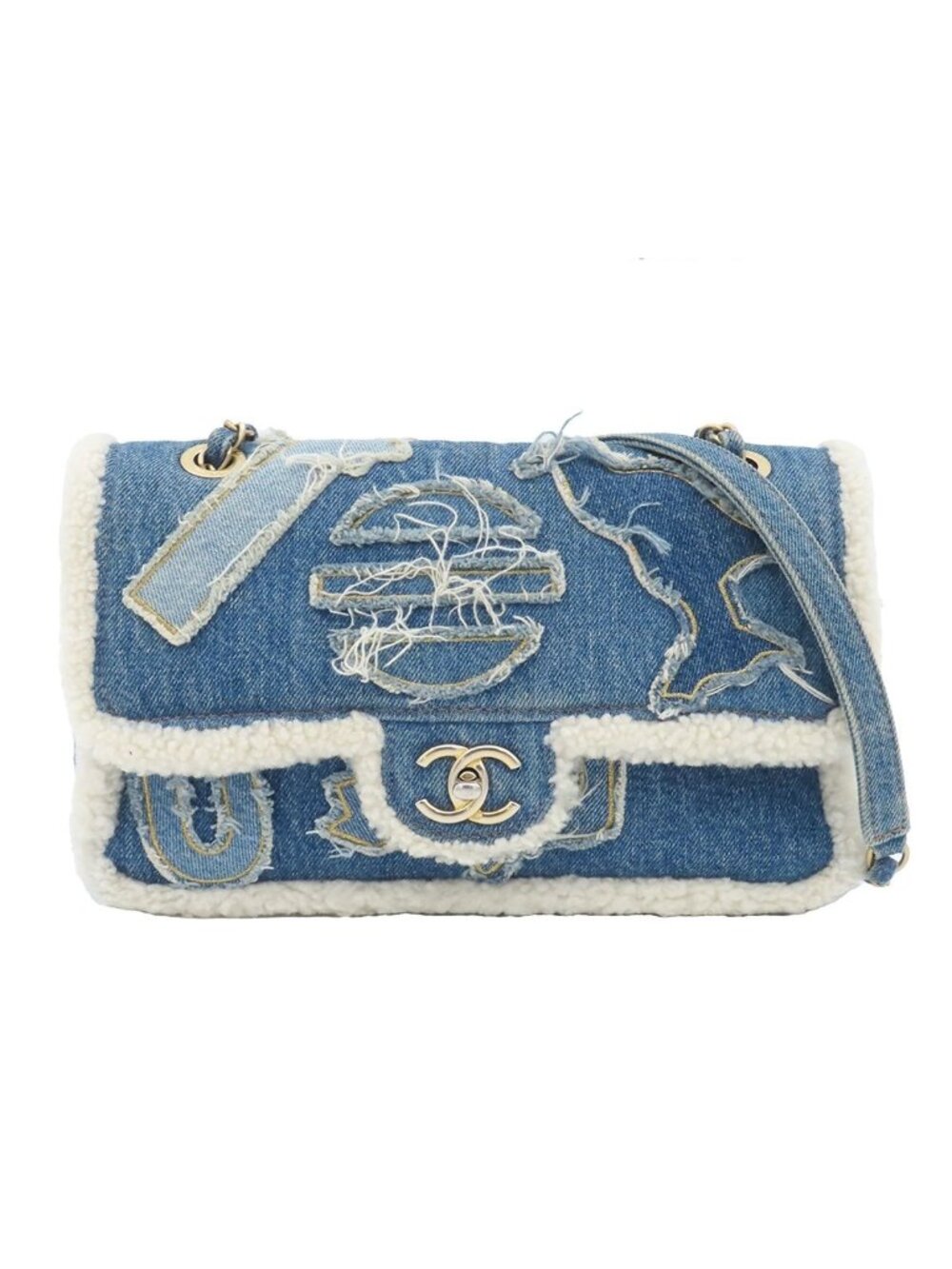Chanel Shoulder Bag Egypt Line Chain Blue White Denim Shearling